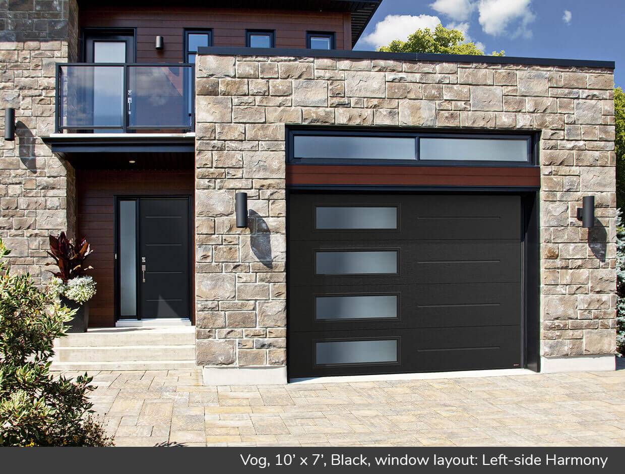 Standard+ Vog, 10' x 7', Black, window layout: Left-side Harmony with White Sandblasted glass